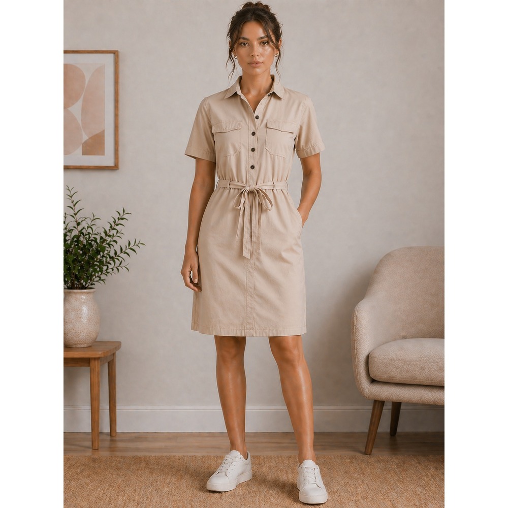 Banana Republic Shirt Dress Women's XS Beige Belted Knee Length Button